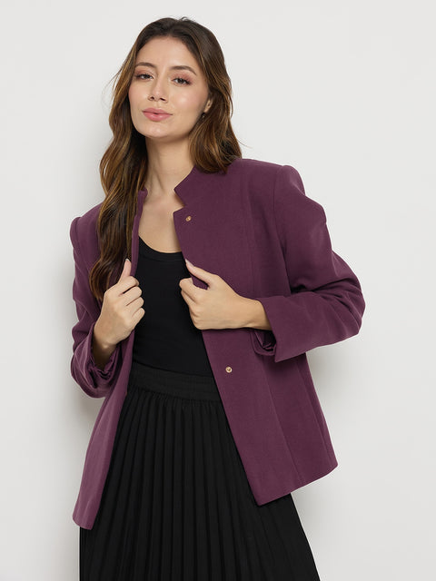 Madame Purple Mock Neck Full Sleeve Short Coat