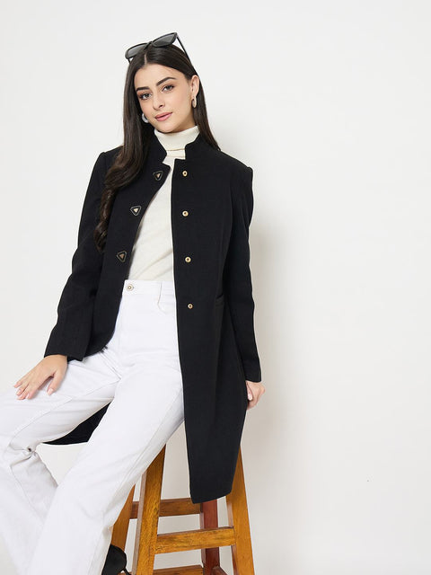 Madame Button Up Solid Black Long Coat