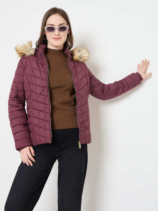 Madame Wine Colour Quilted Jacket with Faux Fur Hood