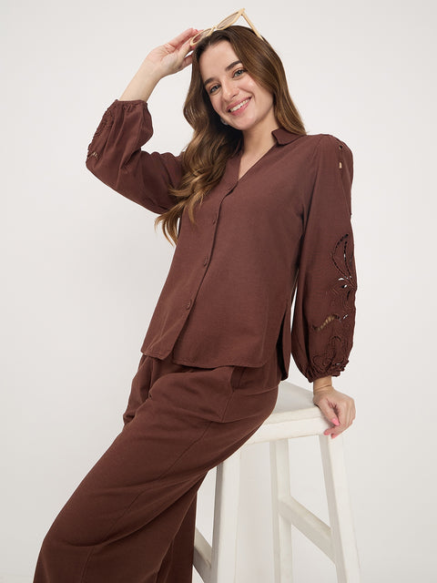 Madame Brown Cotton Rayon V-Neck Bishop Sleeve Co-ord Set