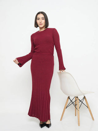 Madame Full Sleeve Top and Maxi Skirt Wine Red Knitted Co-ord Set