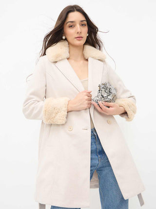 Madame Notch Lapel Neckline Belted Beige Long Coat