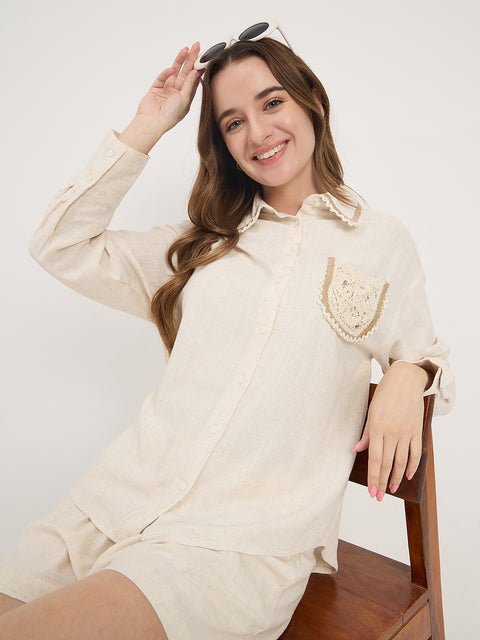 Madame Off White Embroidery Patch Rayon Linen Full Sleeve Shirt