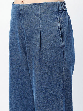 Madame Pintuck Detailed Top and Straight Trousers Mid Blue Co-ord Set