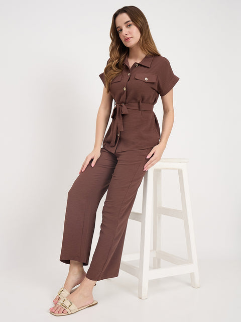 Madame Brown Rayon Roll-Up Sleeve Collared Co-ord Set