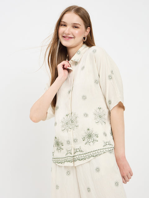 Madame Embroidered Beige Rayon Co-ord Set