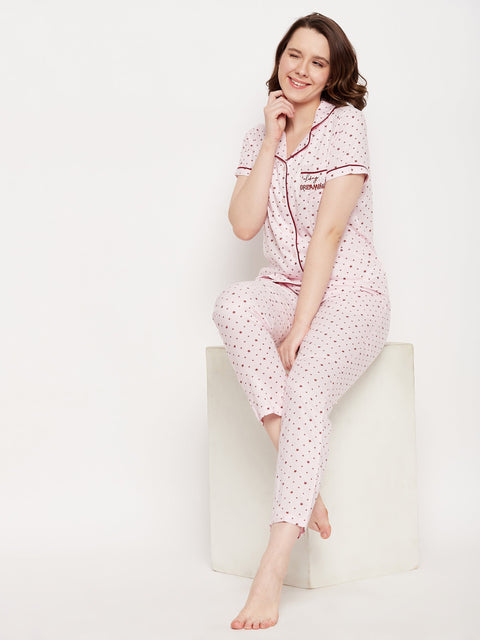 mSECRET Pink Star Printed Lapel Collared Nightsuit