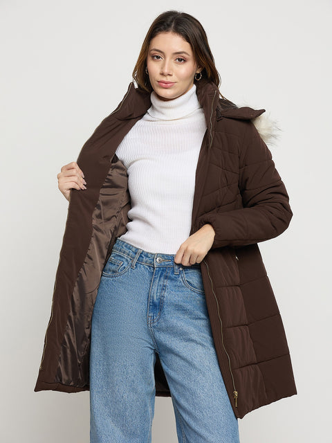 Madame Dark Brown Quilted High Neck Full Sleeve Midi Jacket
