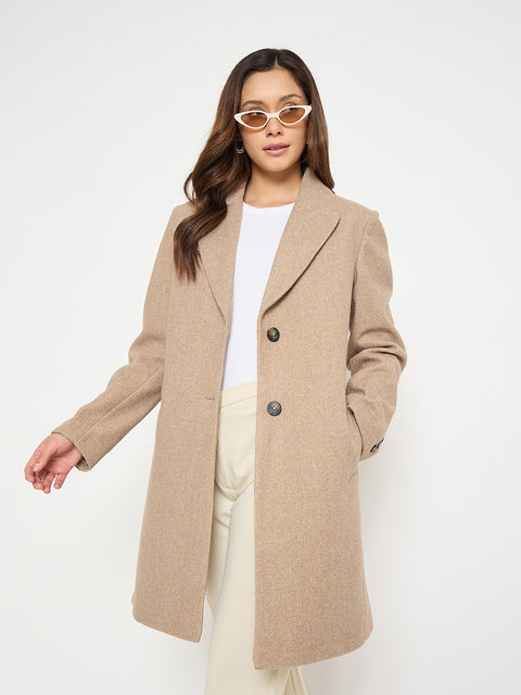 Madame Lapel Notch Collar Beige Long Coat with Buttons