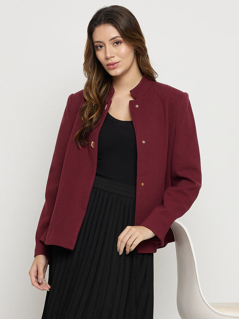 Madame Maroon Mock Neck Full Sleeve Short Coat