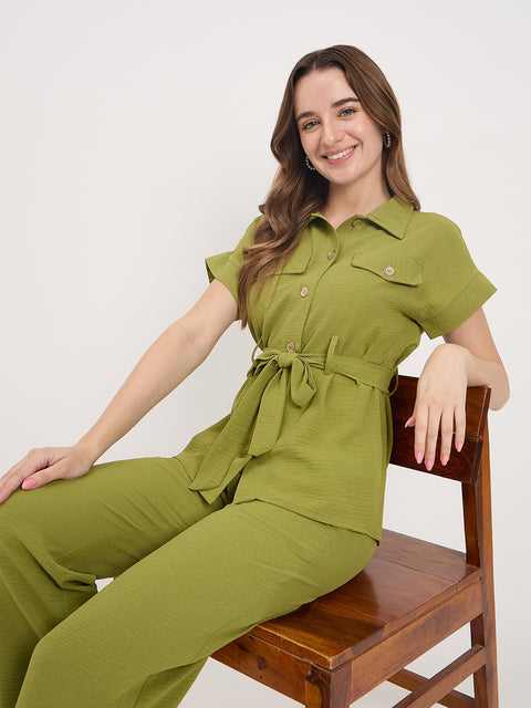 Madame Olive Rayon Fold-Up Sleeve Collared Co-ord Set