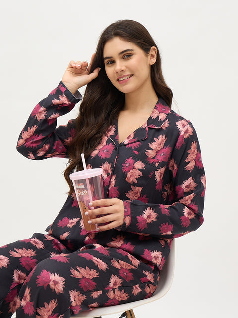 mSECRET Black Floral Print Night Suit