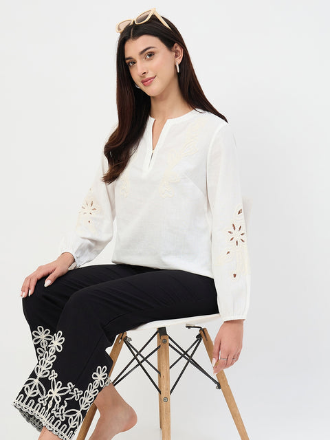 Madame White Embroidered Cotton-Linen Tunic Top