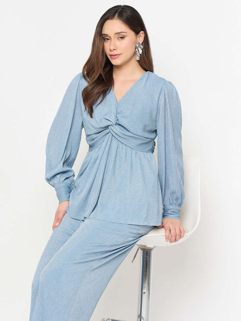 Madame Surplice Neck Blue Co-ord Set featuring a flattering surplice neckline and stylish coordinated look.