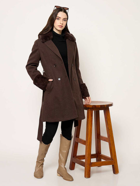 Madame Notch Lapel Neckline Brown Belted Long Coat