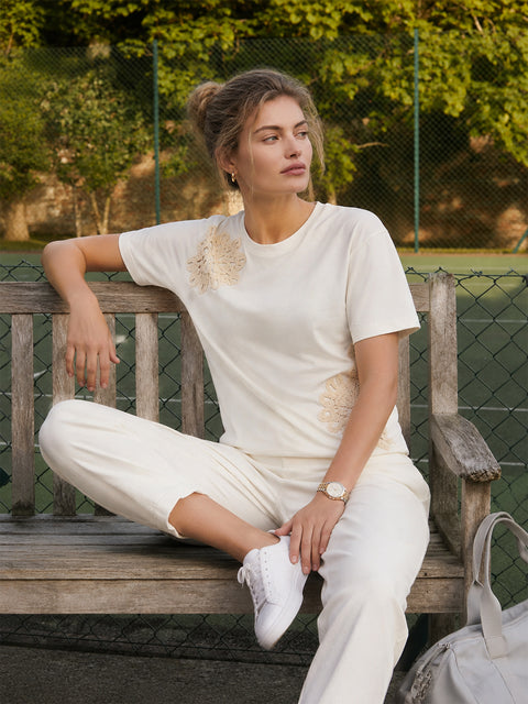 Madame Off White Embroidered Cotton Round Neck T-Shirt