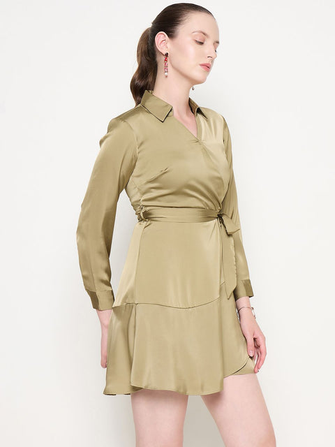 Madame Fabric Belted Cuff Sleeve Solid Green Satin Short Dress