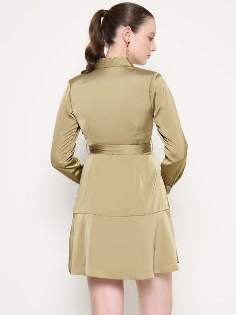 Madame Fabric Belted Cuff Sleeve Solid Green Satin Short Dress