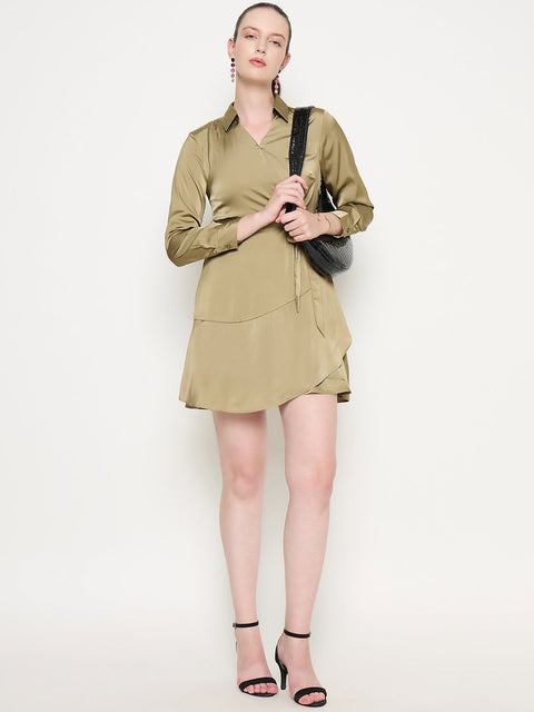 Madame Fabric Belted Cuff Sleeve Solid Green Satin Short Dress