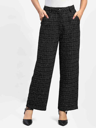 Madame Shanaya Kapoor Black Embellished Button Straight Fit Tweed Trousers