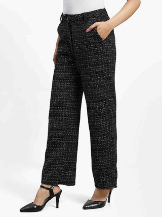 Madame Shanaya Kapoor Black Embellished Button Straight Fit Tweed Trousers