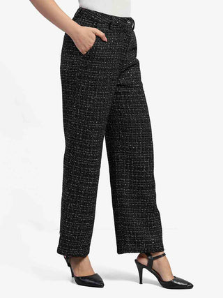 Madame Shanaya Kapoor Black Embellished Button Straight Fit Tweed Trousers