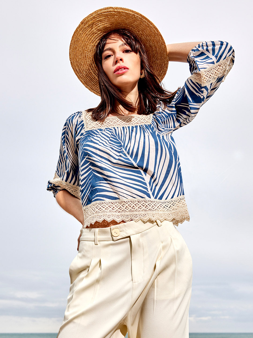Madame Botanical Print Cotton Blend Navy Blue Top color swatch