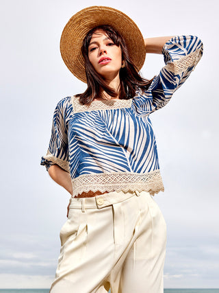 Madame Botanical Print Cotton Blend Navy Blue Top