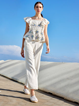 Madame Floral Print Top and Straight Trousers Off White Co-ord Set
