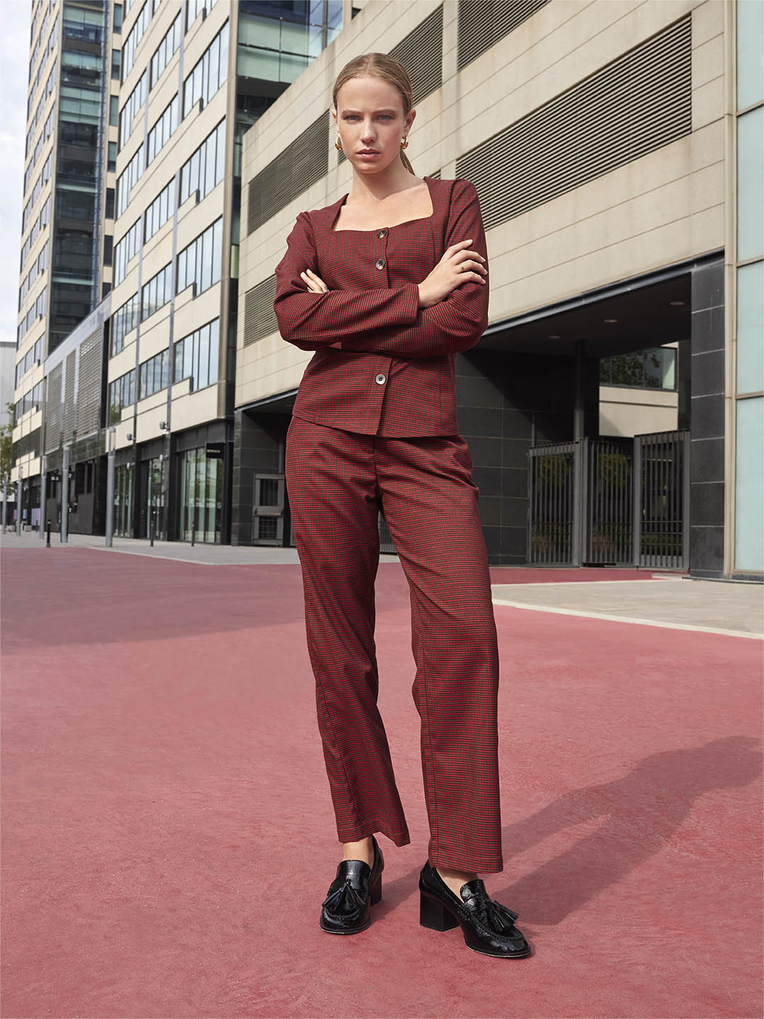 Madame Solid Button Down Red Top color swatch