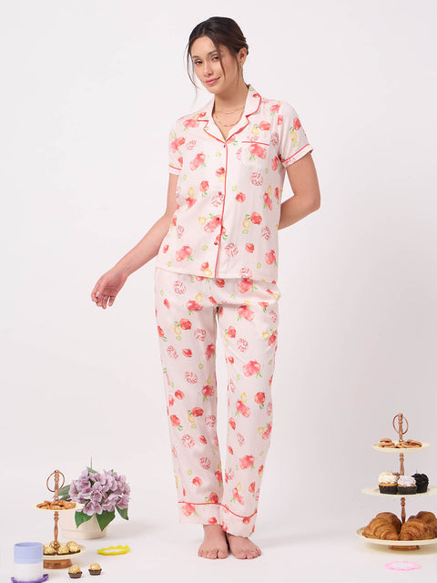 mSECRET Orange Printed Rayon Spread Collar Short Sleeve Night Suit