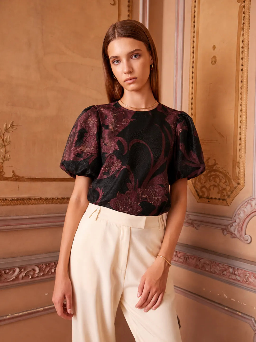 Madame Textured Burgundy Puff Sleeve Top color swatch