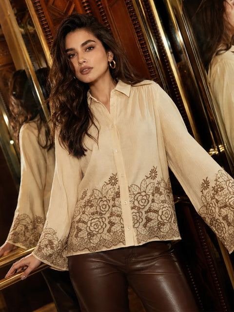 Madame Beige Embroidered Rayon Full Sleeve Shirt