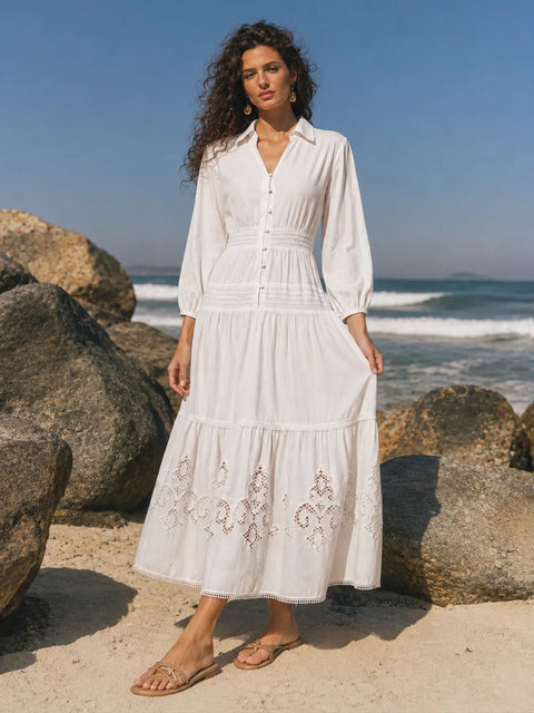 Madame Off White Embroidered Cotton Puff Sleeve Maxi Dress