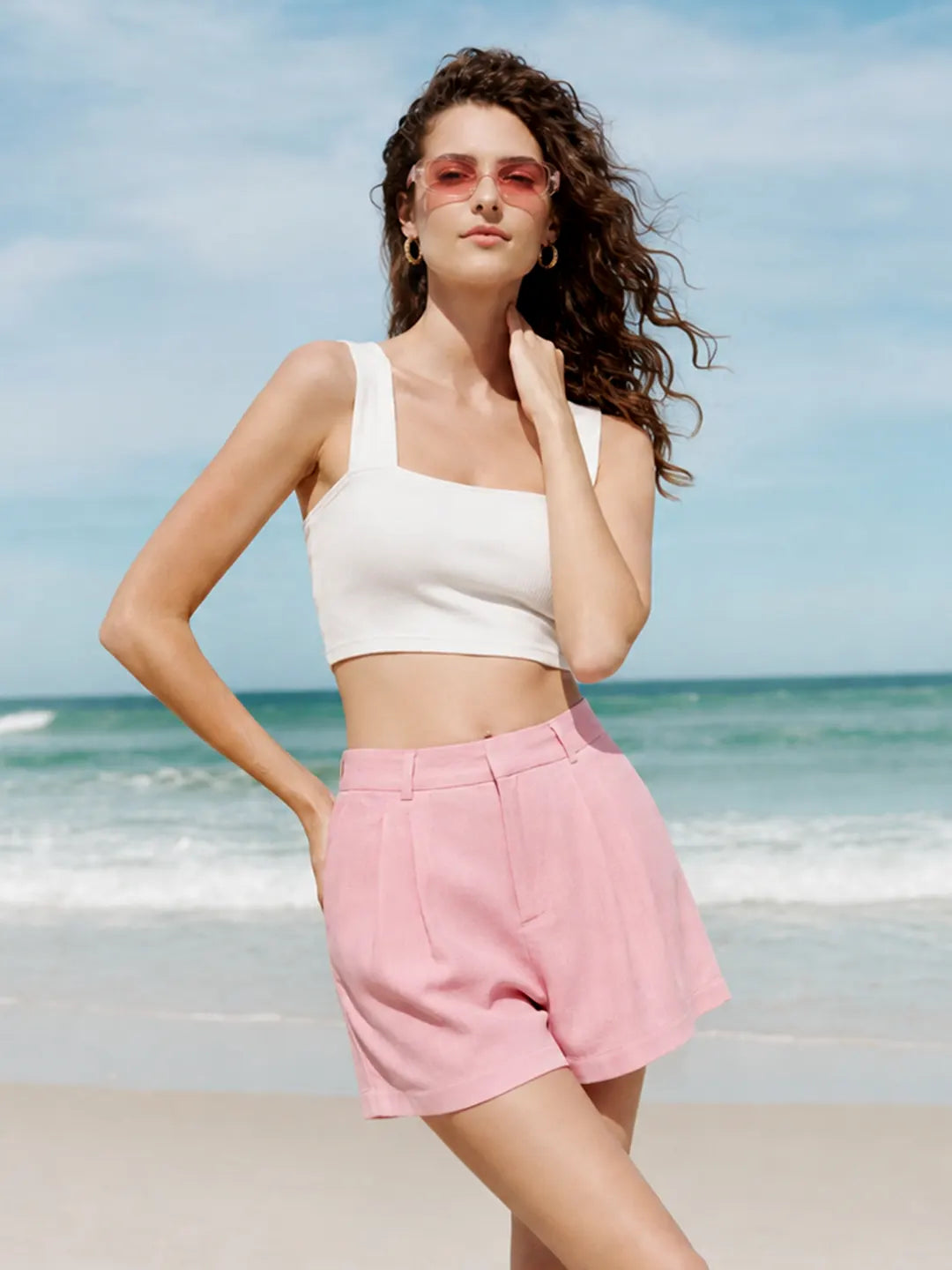 Madame Powder Pink Rayon Linen Pleated Shorts color swatch