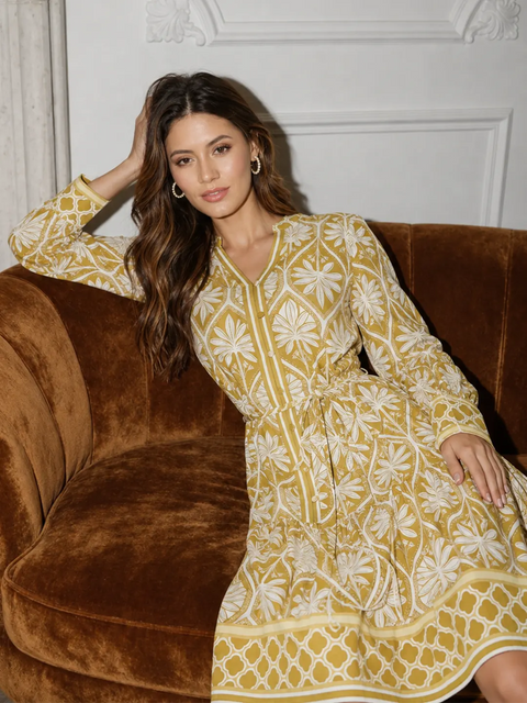 Madame Green Printed Rayon Mandarin Collar Midi Dress