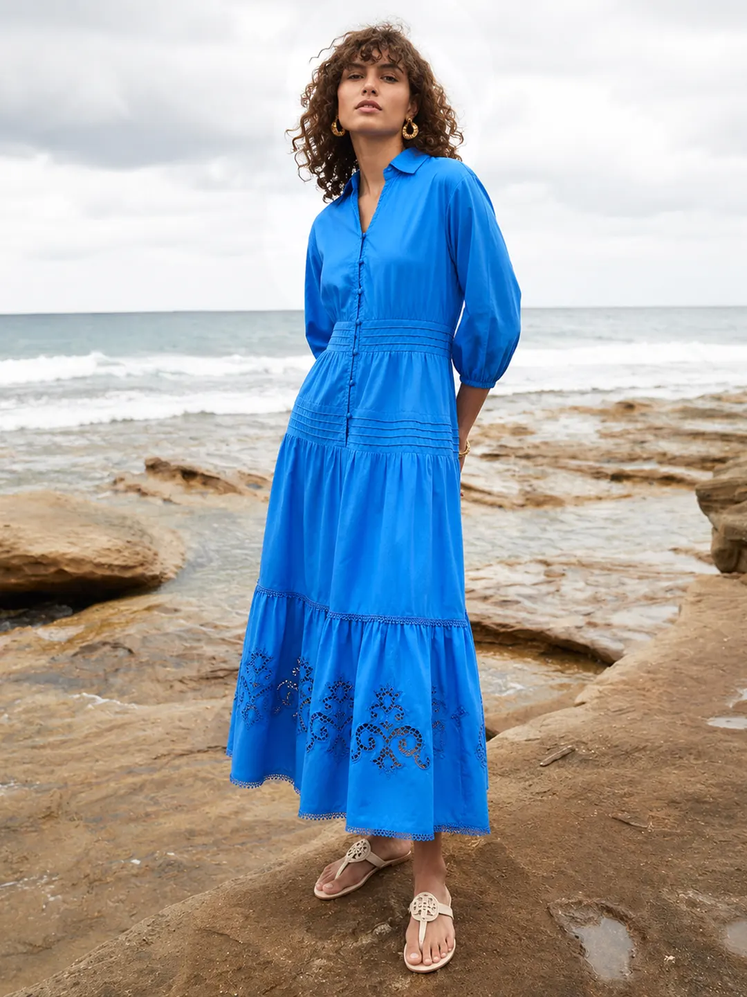 Madame Blue Embroidered Cotton Puff Sleeve Maxi Dress color swatch