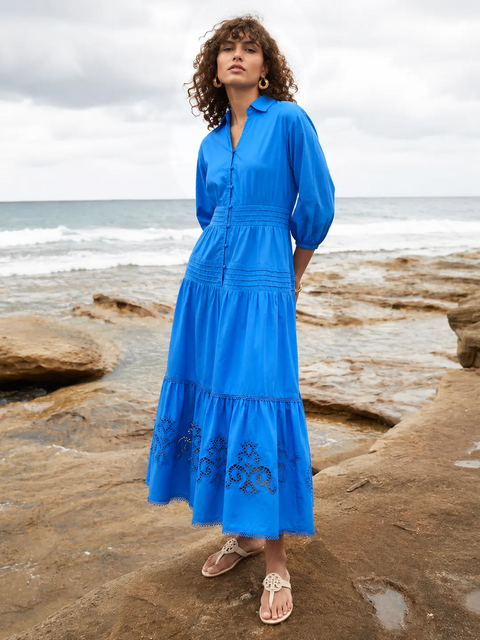 Madame Blue Embroidered Cotton Puff Sleeve Maxi Dress
