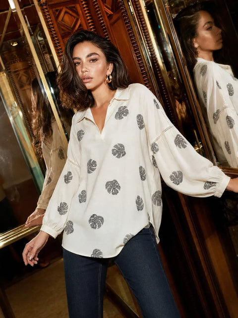 Madame Off White Printed Collar Puff Sleeve Top
