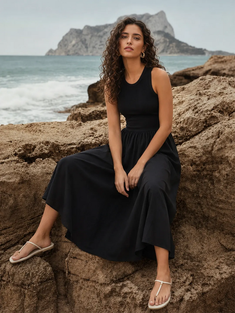 Madame Black Cotton Sleeveless Fit and Flare Maxi Dress