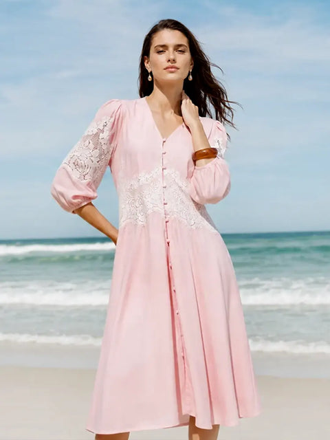 Madame Powder Pink Rayon Linen Midi Dress