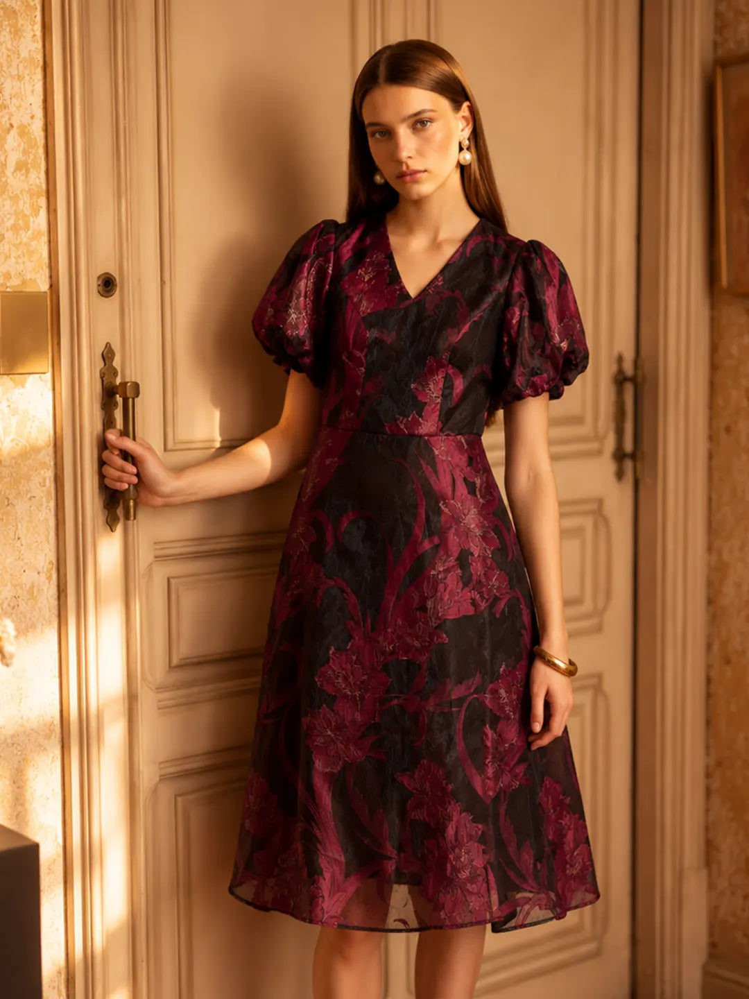 Madame Textured Burgundy Flared Dress color swatch
