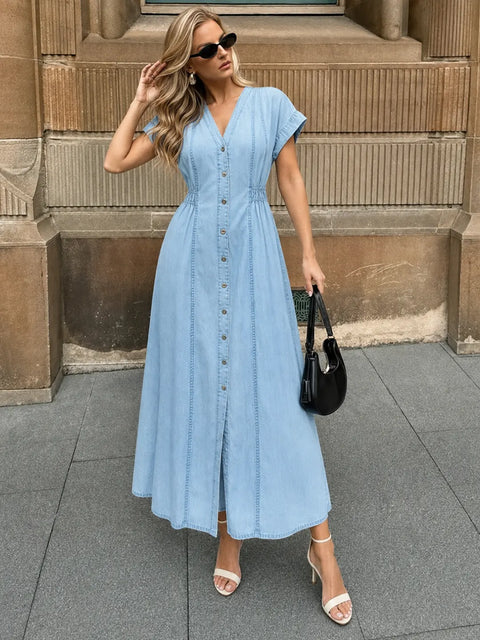 Madame Ice Blue Tencel V-Neck Short Sleeve A-Line Midi Dress