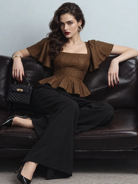Madame Textured Olive Puff Sleeve Top