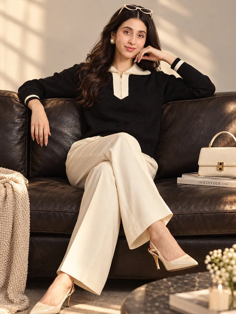 Madame Black Contrast Trim Knit Top