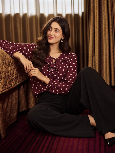 Madame Wine Polka Dot Print Ruffle Collar Top