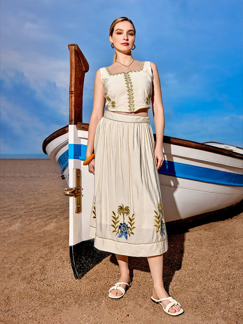 Madame Off White Viscose Blend Embroidered Skirt