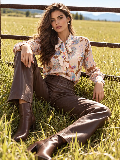 Madame Pink Paisley Print Shirt With Neck Tie