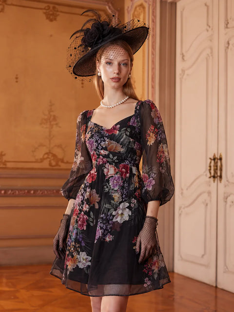 Madame Floral Print Tencel Blend Black Midi Dress