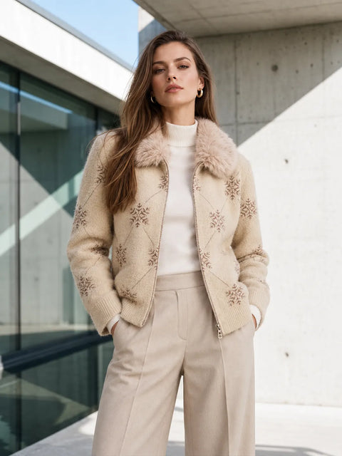 Madame Beige Printed Fur Collar Cardigan